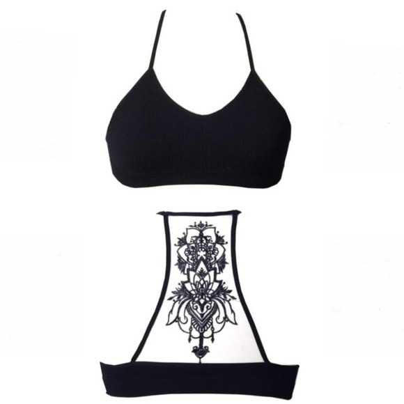 Black Floral Lace Mesh Racerback Tattoo Bralette - Picture 2 of 16